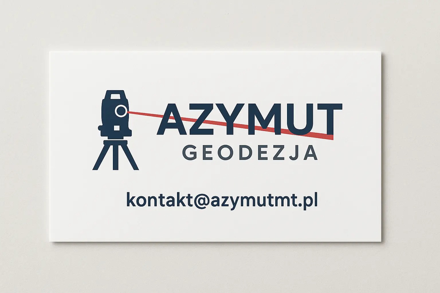 Grafika z logo firmy geodezyjnej: ciemnoniebieski teodolit, nazwa firmy 'Azymut' z czerwoną linią, napis 'Geodezja' i adres e-mail na białym tle.