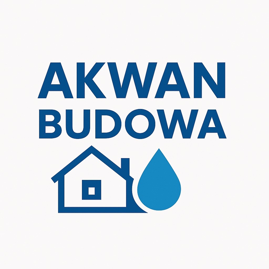 Logo firmy AKWAN BUDOWA: niebieski dom z oknem i kropla wody, nazwa firmy w kolorze niebieskim na białym tle. Minimalistyczny design.