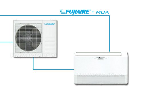 Schemat klimatyzacji Fujiaire MUA z jednostką zewnętrzną i wewnętrzną, połączonych niebieskimi liniami, Korytów A.