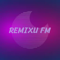 Wizytówka REMIXU FM: logo w stylu retro z poziomymi liniami w półksiężycu na fioletowo-niebieskim tle. Napis REMIXU FM jasnofioletowy, lekko zakrzywiony.