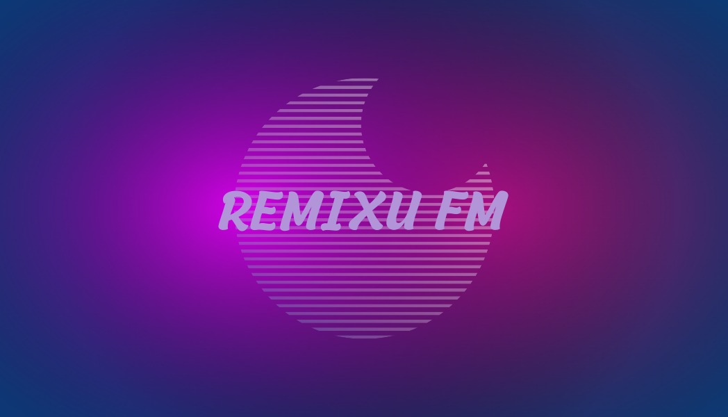 Wizytówka REMIXU FM: logo w stylu retro z poziomymi liniami w półksiężycu na fioletowo-niebieskim tle. Napis REMIXU FM jasnofioletowy, lekko zakrzywiony.