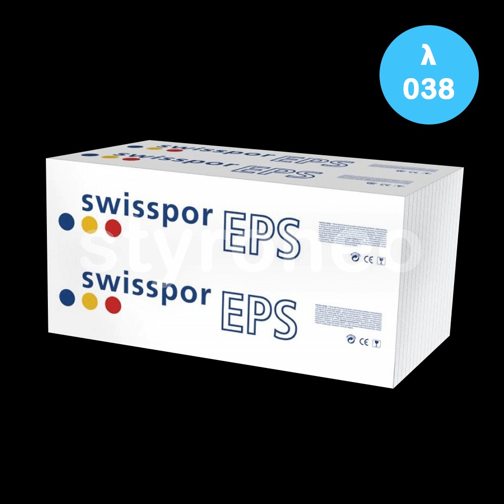 Paczka białego styropianu Swissopor EPS λ 038 na czarnym tle. Materiał izolacyjny do ocieplania budynków z widocznym logo producenta i parametrami technicznymi.