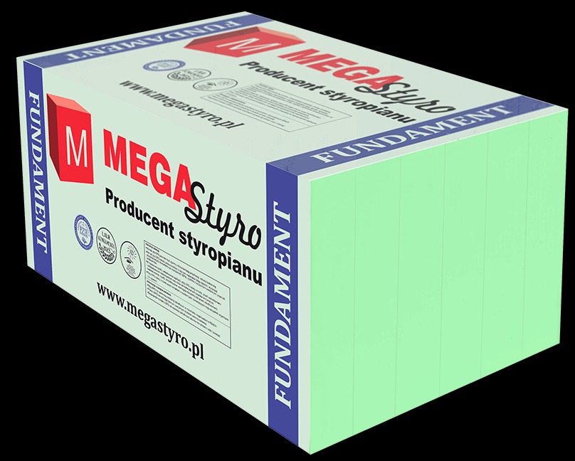 Blok styropianu fundamentowego Mega Styro, z widocznym logo i adresem strony www.megastyro.pl, na czarnym tle. Materiał izolacyjny w kolorze jasnozielonym.