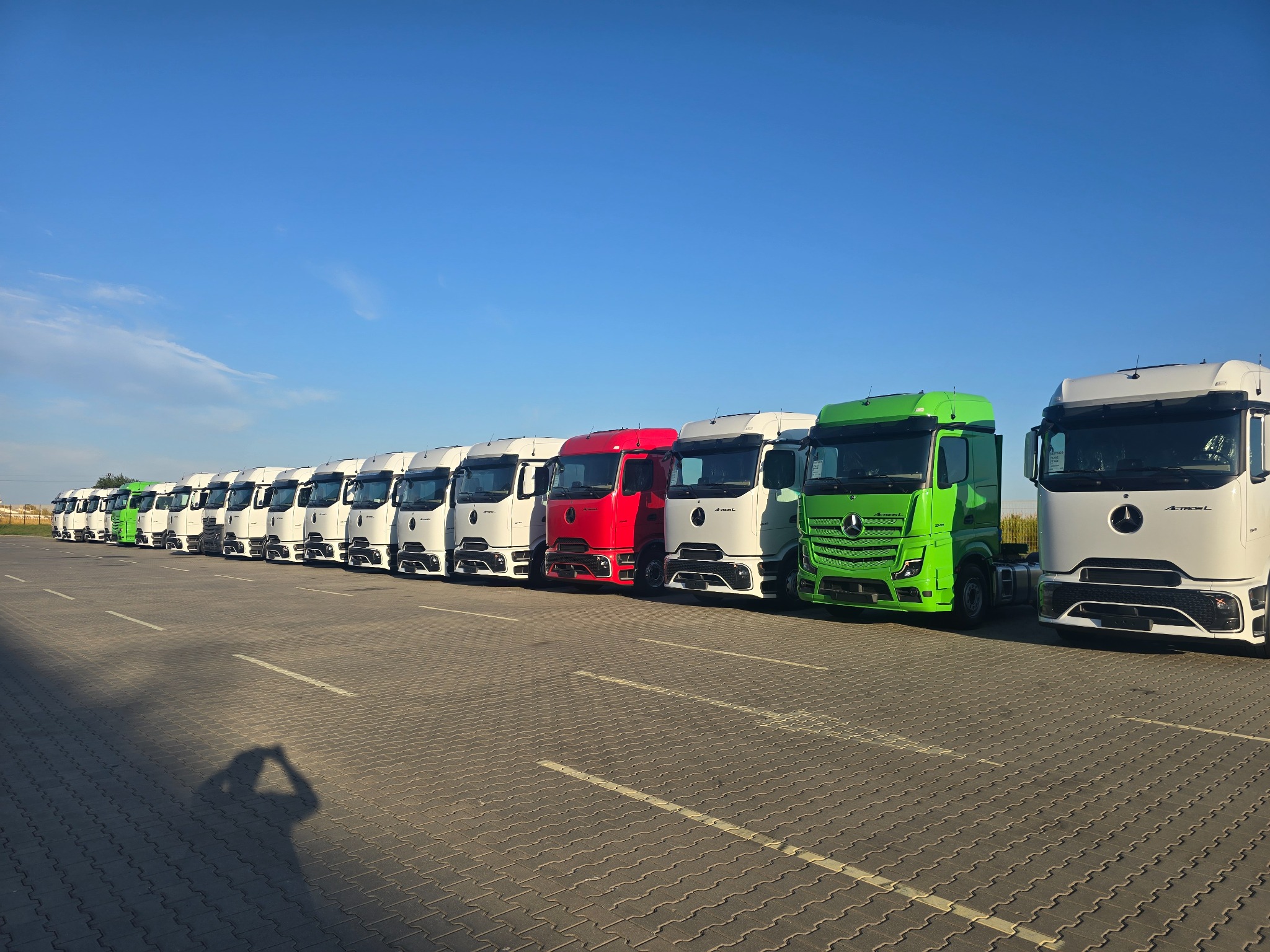 Szereg nowych ciężarówek Mercedes-Benz Actros L w różnych kolorach (biały, czerwony, zielony) zaparkowanych na placu, widok z przodu, błękitne niebo w tle.