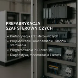 Szafa sterownicza w trakcie prefabrykacji. Widoczne moduły PLC, okablowanie i aparatura zabezpieczająca. Elementy szafy częściowo poza kadrem.