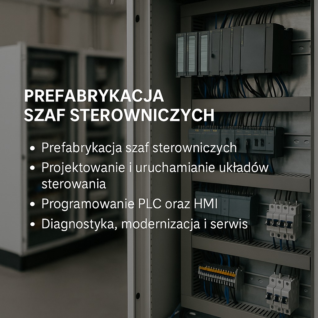 Szafa sterownicza w trakcie prefabrykacji. Widoczne moduły PLC, okablowanie i aparatura zabezpieczająca. Elementy szafy częściowo poza kadrem.