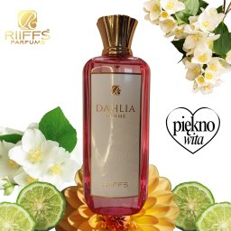 Piękno Wita - Elegancki flakon perfum Dahlia Femme Riiffs otoczony kwiatami jaśminu, plasterkami bergamotki i żółtą dalią na białym tle. Znak 'piękno wita'.