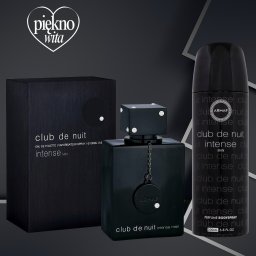 Piękno Wita - Zestaw prezentowy dla mężczyzn: woda toaletowa i dezodorant Armaf Club de Nuit Intense Man, na tle logo firmy 'Piękno Wita' i dekoracyjnych, srebrnych linii.