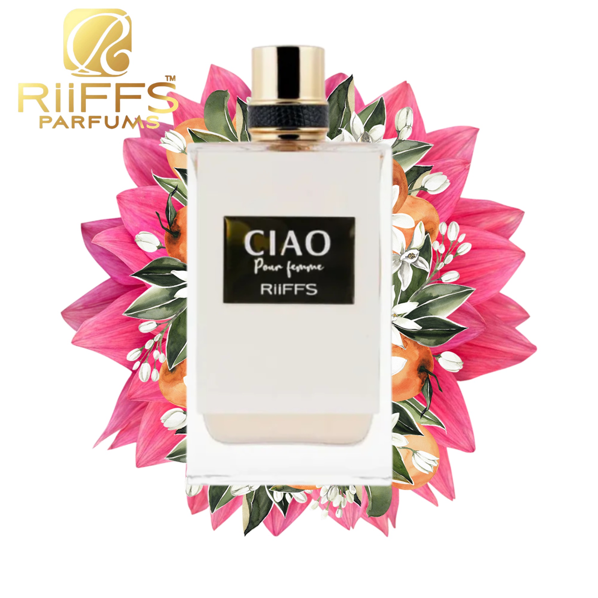 Flakon perfum Ciao Pour Femme Riiffs na tle różowych kwiatów i pomarańczy. Elegancki, biały flakon z czarną etykietą. Idealny na prezent.