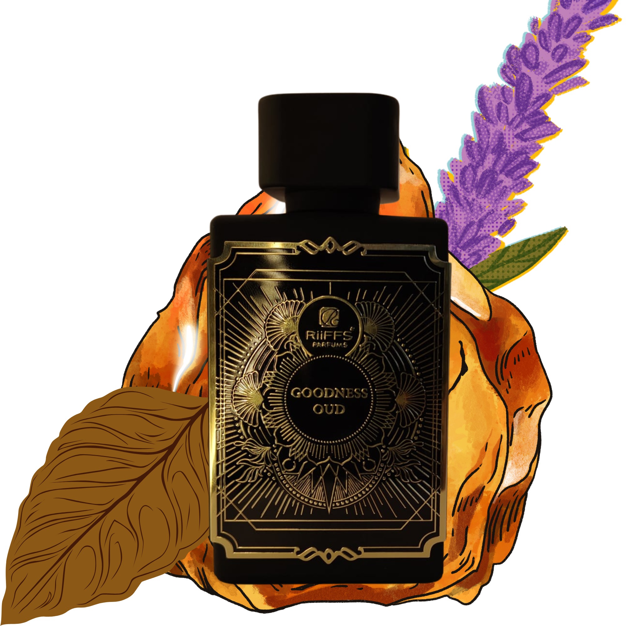 Elegancki, czarny flakon perfum 'Goodness Oud' marki Riiffs, otoczony stylizowanymi kwiatami i liśćmi w ciepłych, jesiennych barwach. Grafika.