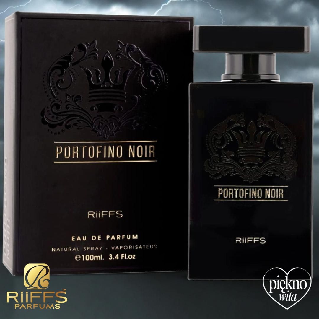 Czarne perfumy Portofino Noir marki Riiffs w eleganckim flakonie i pudełku, z logo firmy Niedźwiedź, na tle burzowego nieba. Luksusowy zapach w ciemnej tonacji.