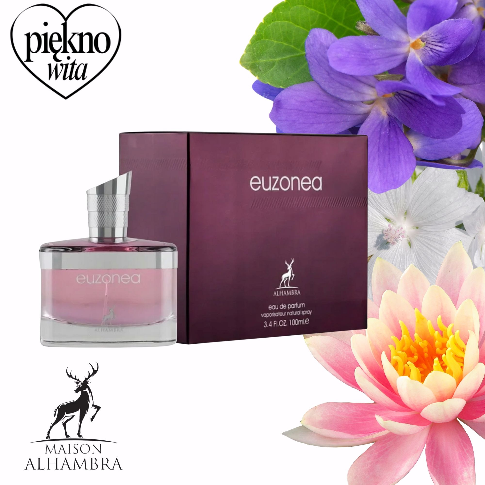 Perfumy Euzonea Maison Alhambra w pudełku, otoczone kwiatami: fiołkami, malwami i lotosem na białym tle. Flakon z srebrnym korkiem.
