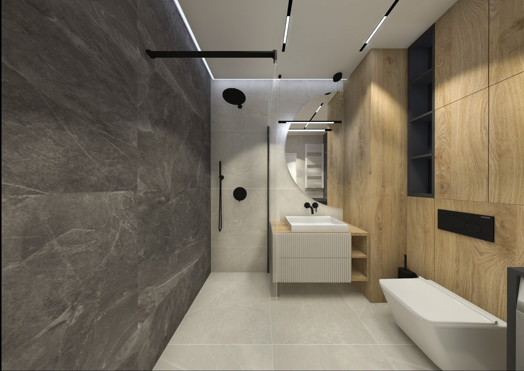 Nowoczesna łazienka z kabiną prysznicową typu walk-in, umywalką z szafką, toaletą i drewnianą zabudową. Minimalistyczne oświetlenie i szara kolorystyka.