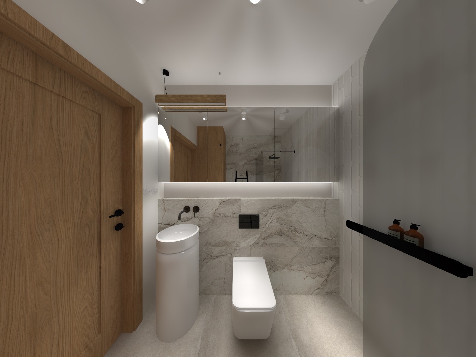Nowoczesna łazienka z marmurowymi ścianami, umywalką na postumencie i podświetlanym lustrem. Widoczna drewniana rama drzwi i półka z kosmetykami.