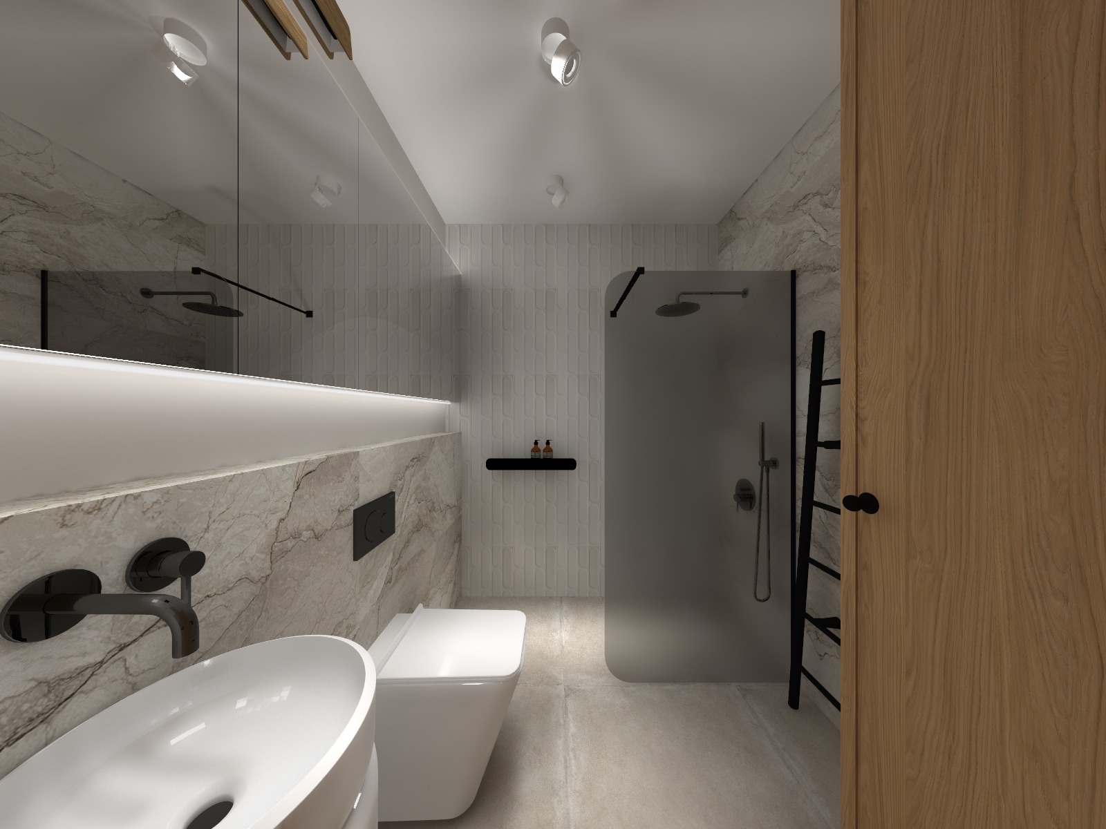 Nowoczesna łazienka z marmurową ścianą, owalną umywalką i kabiną prysznicową ze szkła. Minimalistyczne oświetlenie i armatura w kolorze czarnym.