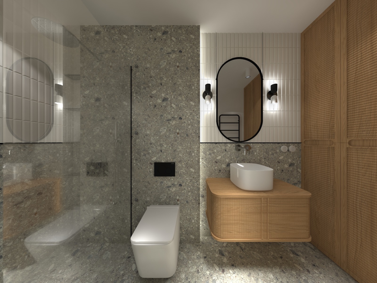 Nowoczesna łazienka z kabiną prysznicową, umywalką na drewnianej szafce i owalnym lustrem z podświetleniem. Ściany wykończone płytkami w dwóch odcieniach szarości.