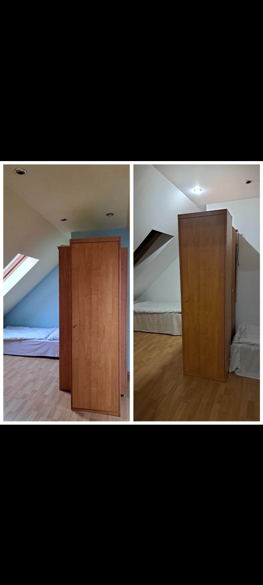 Porównanie pokoju na poddaszu przed i po remoncie: nowa podłoga, odświeżone ściany, zamontowana szafa. Widoczne skosy i okno dachowe.