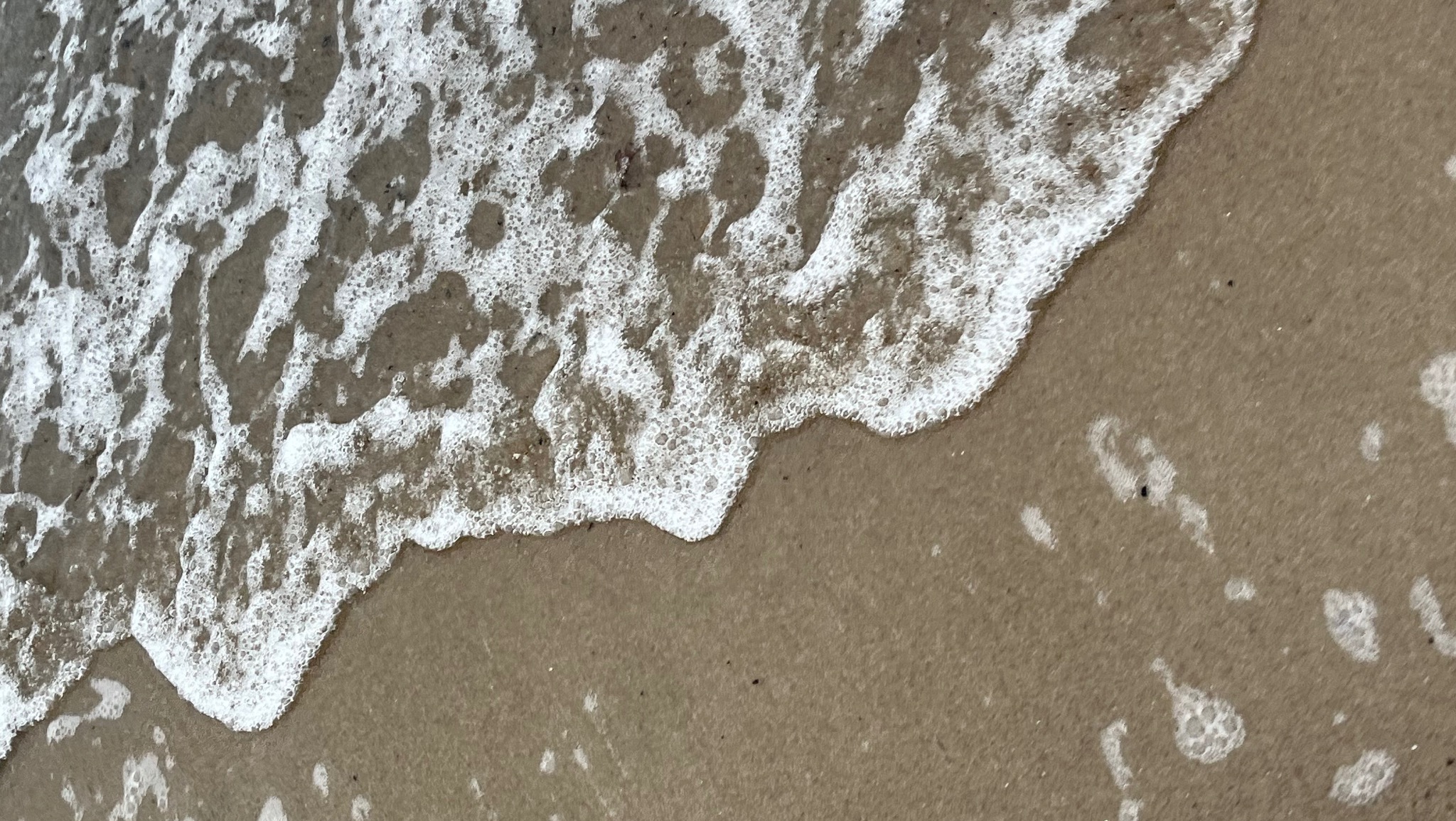 Pianka morskiej fali delikatnie muska brzeg plaży, tworząc białą, spienioną krawędź na piasku. Widok z góry ukazuje teksturę piasku i strukturę piany.