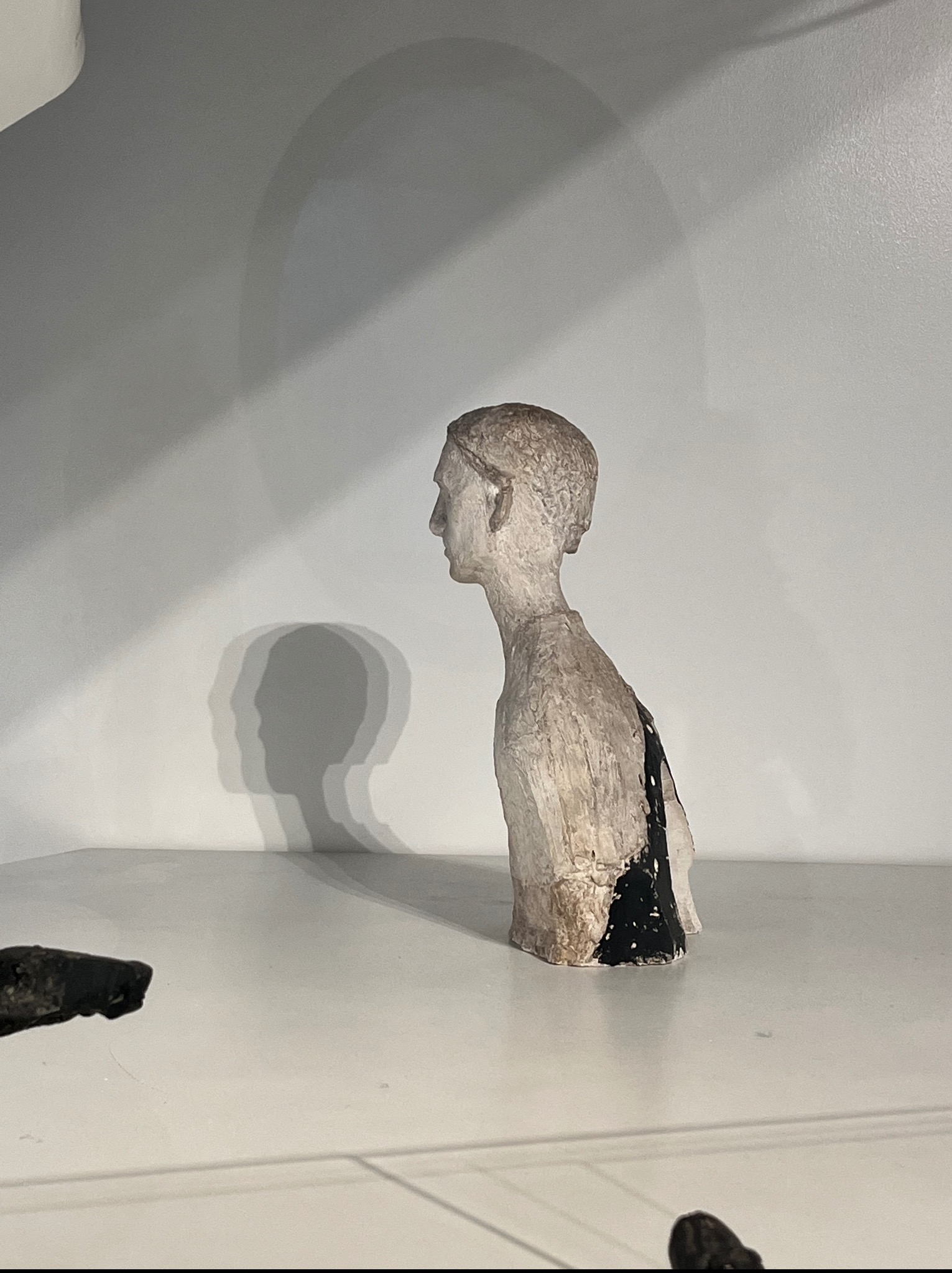 Profil popiersia z fakturą, oświetlonego bocznym światłem, rzucającego wyraźny cień na białe tło. Fragmenty rzeźby w czarnym kolorze.