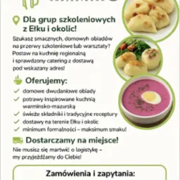 Plakat reklamowy Bistro Nadjeziorna z Ełku, oferujący catering dla grup szkoleniowych. Domowe obiady dwudaniowe, kuchnia regionalna, świeże składniki i dostawa na terenie Ełku.