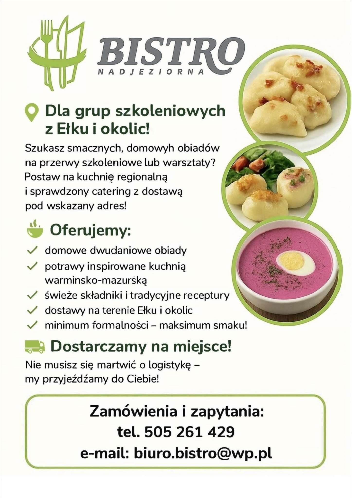 Plakat reklamowy Bistro Nadjeziorna z Ełku, oferujący catering dla grup szkoleniowych. Domowe obiady dwudaniowe, kuchnia regionalna, świeże składniki i dostawa na terenie Ełku.