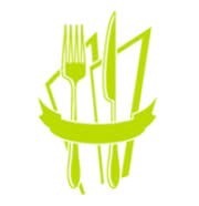 Zielony, stylizowany symbol cateringu: widelec, nóż i wstęga na białym tle. Grafika wektorowa, nowoczesny minimalizm, logo firmy cateringowej.