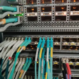 Szczegółowe ujęcie szafy rack z precyzyjnie ułożonymi kablami światłowodowymi oznaczonymi kolorowymi taśmami, w tle widoczne porty z aktywnymi diodami.