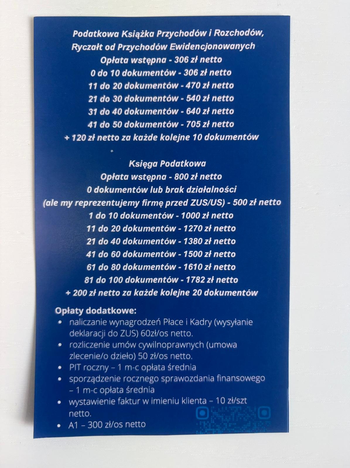 Cennik usług biura rachunkowego: księga przychodów i rozchodów, ryczałt, księga podatkowa, naliczanie wynagrodzeń, PIT roczny, wystawianie faktur. Ceny netto.