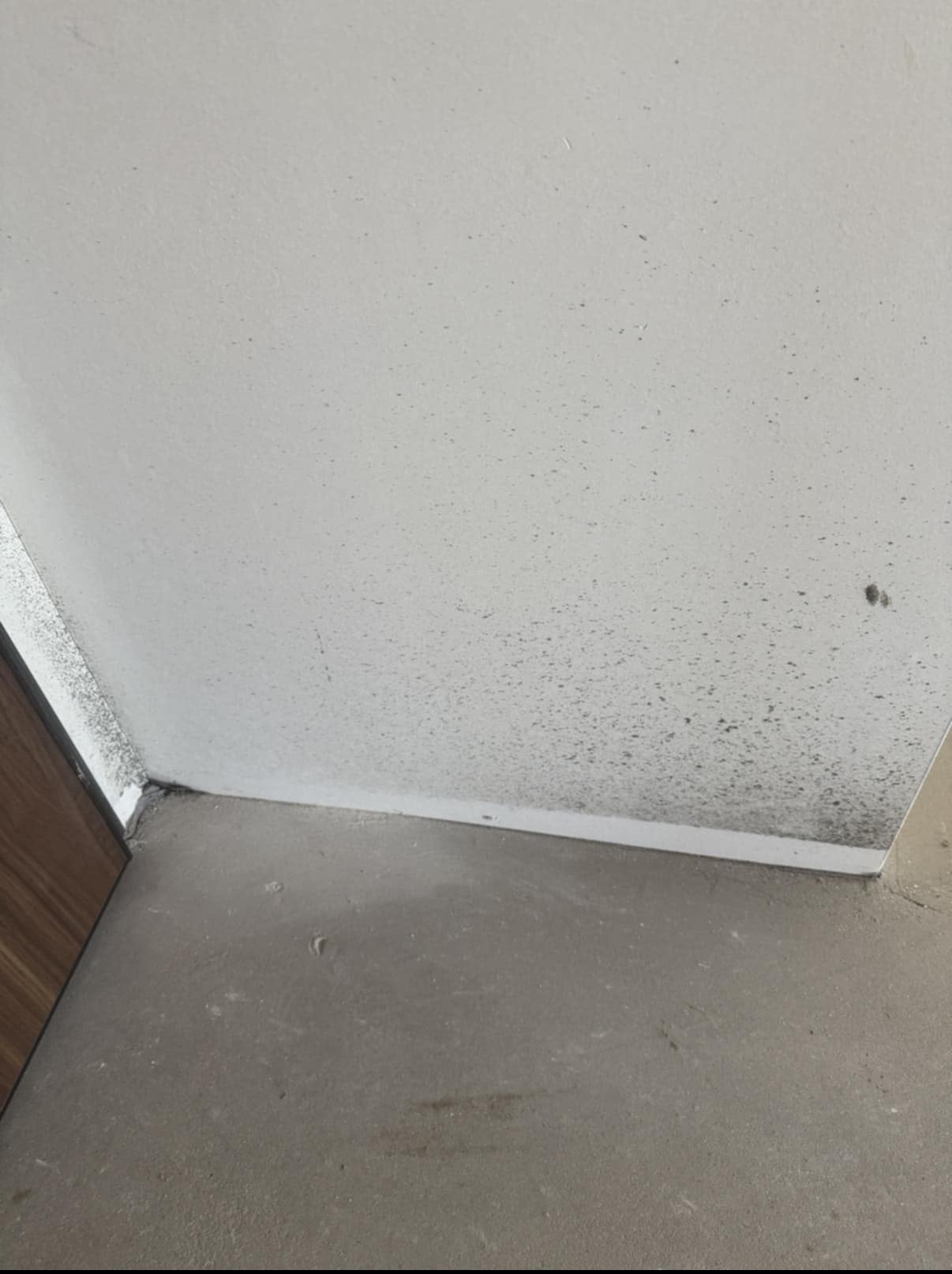 Brudna ściana i podłoga w rogu pomieszczenia, widoczne ślady po remoncie, wymagające dokładnego wysprzątania.