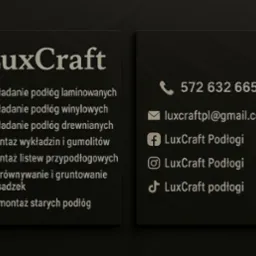 Wizytówka firmy LuxCraft oferującej układanie podłóg: laminowanych, winylowych i drewnianych. Dodatkowo montaż wykładzin, listew, wyrównywanie posadzek i demontaż.