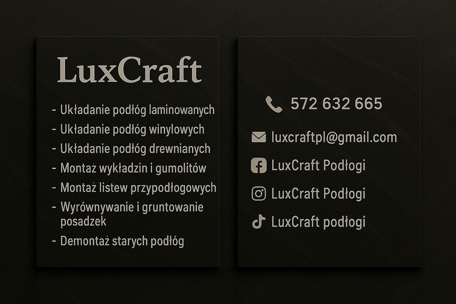 Wizytówka firmy LuxCraft oferującej układanie podłóg: laminowanych, winylowych i drewnianych. Dodatkowo montaż wykładzin, listew, wyrównywanie posadzek i demontaż.