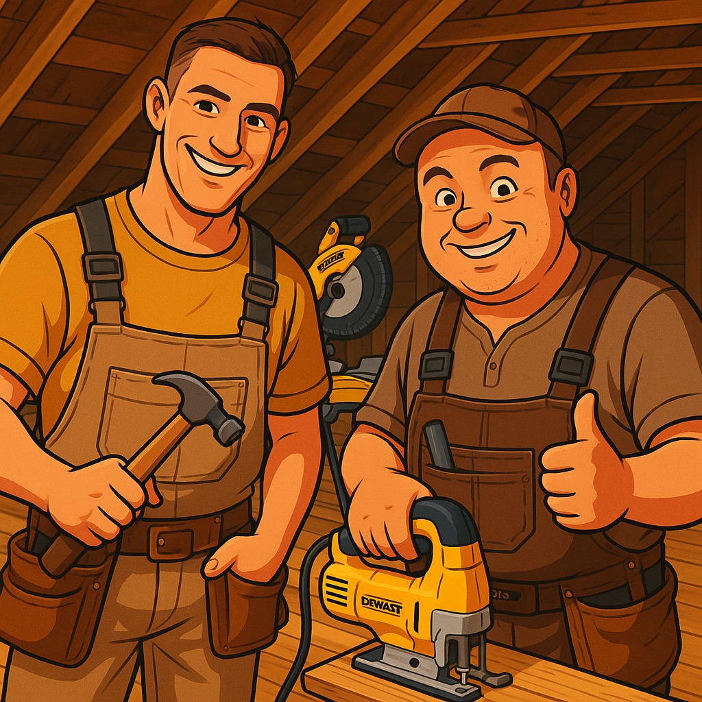 Uśmiechnięci panowie w kombinezonach z narzędziami: młotek i wyrzynarka DeWalt, w tle piła tarczowa. Praca w poddaszu.