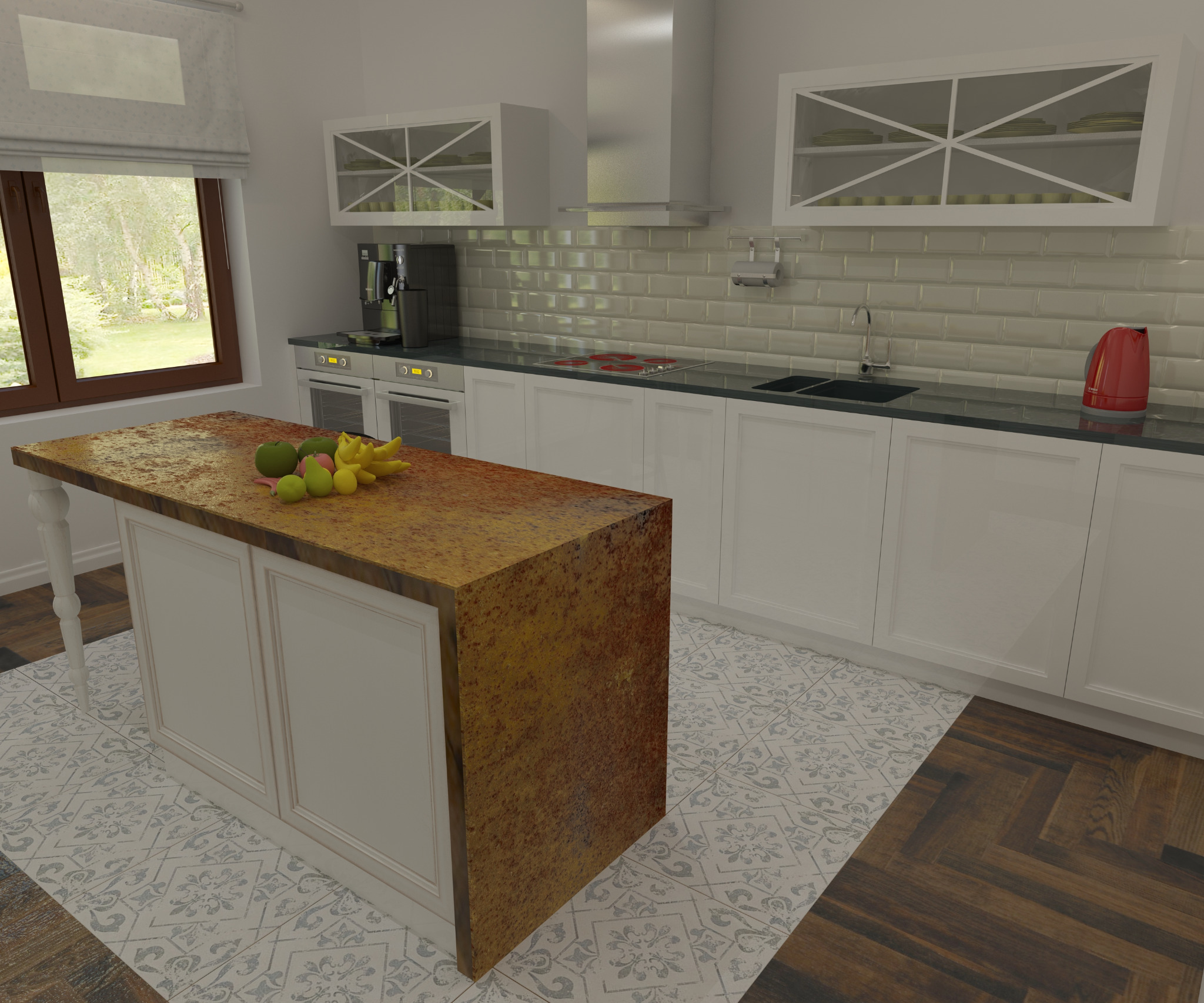 Jasna kuchnia z wyspą o blacie w odcieniach brązu. Na blacie leżą owoce. Podłoga wyłożona płytkami w geometryczne wzory.