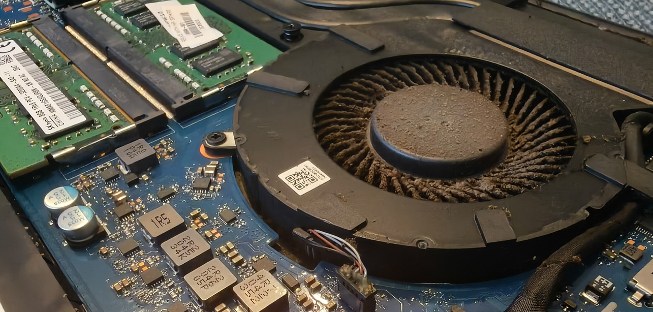 Wnętrze laptopa z zakurzonym wentylatorem, widoczne elementy płyty głównej i pamięci RAM. Detaliczne ujęcie stanu przed czyszczeniem lub naprawą.