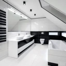 Elegancka, czarno-biała łazienka na poddaszu z umywalkami nablatowymi, grzejnikiem drabinkowym i wanną obudowaną płytkami. Nowoczesne oświetlenie sufitowe.