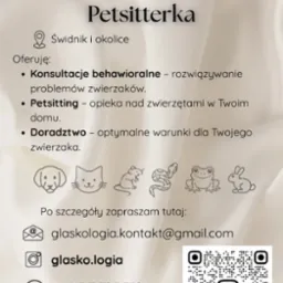 Behawiorystka zwierząt i petsitterka ze Świdnika oferuje konsultacje, petsitting i doradztwo. Kontakt: email, Instagram, SMS. Kod QR.