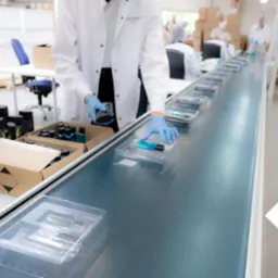 Pracownik w Józefowie umieszcza kosmetyki w plastikowych opakowaniach na linii produkcyjnej. Jasne, sterylne otoczenie, precyzja w pakowaniu produktów.