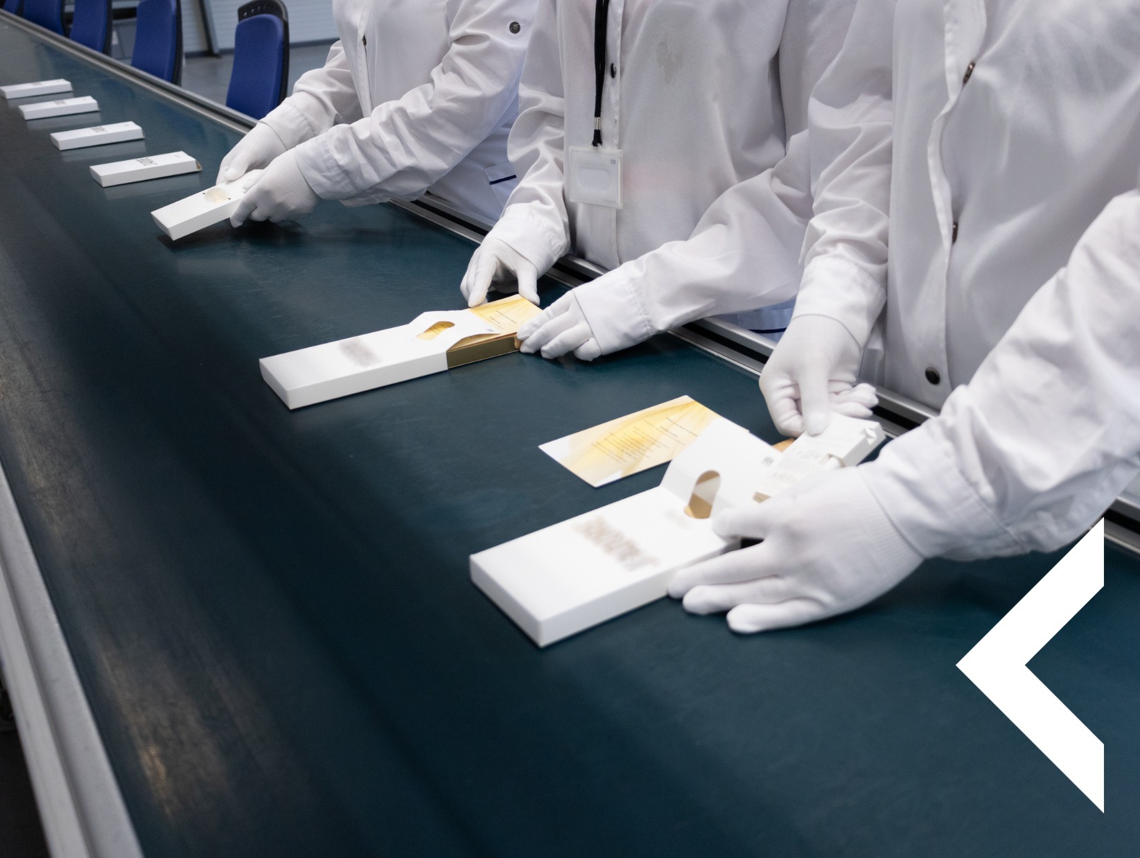 Pracownicy w białych uniformach pakują produkty do białych pudełek na taśmie produkcyjnej. Detal: karty produktowe wkładane do opakowań.