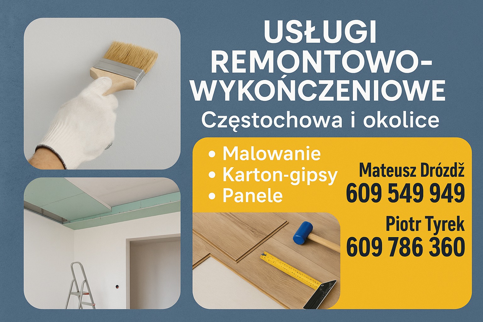Usługi remontowo-wykończeniowe w Częstochowie: malowanie, karton-gips, panele. Pędzel w rękawicy, montaż płyty G-K, układanie paneli z narzędziami.