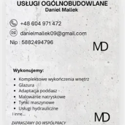 Usługi ogólnobudowlane: kontakt, zakres prac (wykończenia, glazura, adaptacja poddaszy, malowanie natryskowe, tynki maszynowe, hydraulika) i zaproszenie do współpracy.