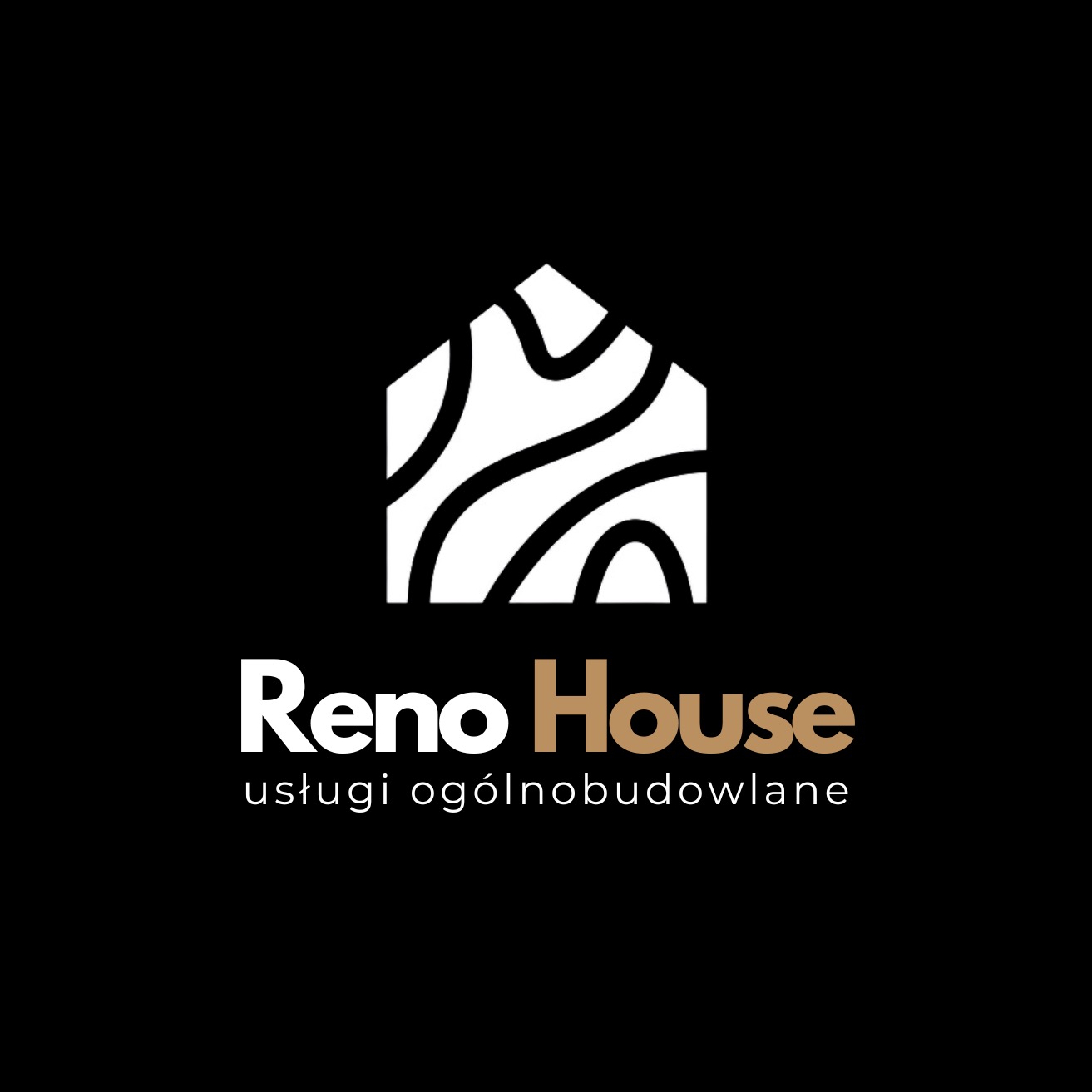 Logo Reno House z abstrakcyjnym symbolem domu i napisem 'usługi ogólnobudowlane' na czarnym tle. Użyto bieli i złota.
