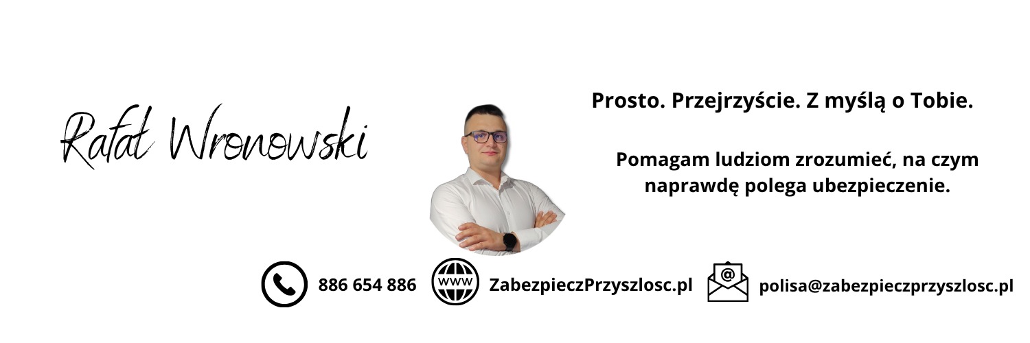 Grafika reklamowa: Rafał Wronowski, doradca. Kontakt: 886 654 886, www.ZabezpieczPrzyszlosc.pl, polisa@zabezpieczprzyszlosc.pl. Prosto. Przejrzyście. Z myślą o Tobie.
