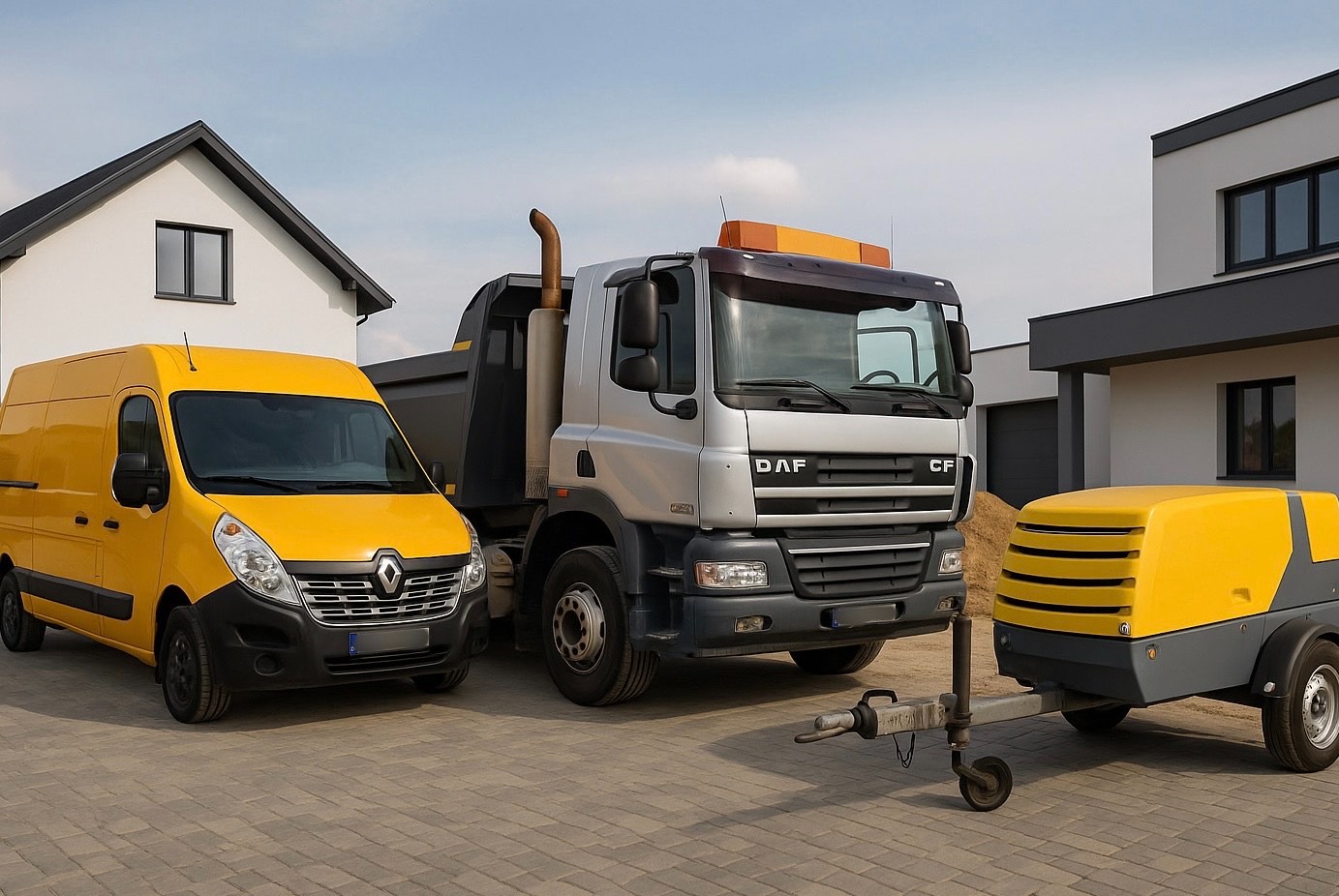 Żółty van Renault, wywrotka DAF i agregat tynkarski na tle domów. Sprzęt budowlany na kostce brukowej, gotowy do pracy.