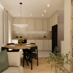 Nowoczesne wnętrze z otwartą kuchnią i jadalnią w Świętej Katarzynie. Drewniany stół, czarne krzesła, beżowe szafki kuchenne i jasne zasłony tworzą przytulną atmosferę.