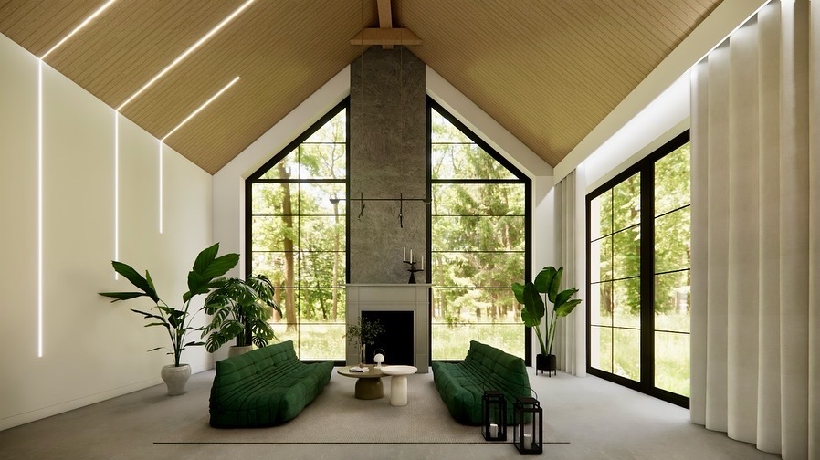 Wnętrze salonu z wysokim stropem, dużymi oknami z widokiem na zieleń, zielonymi kanapami i minimalistycznym kominkiem. Nowoczesne oświetlenie LED.