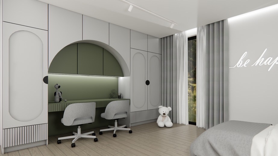 Wizualizacja pokoju dziecięcego: biurko z zielonymi akcentami, białe szafy z zaokrąglonymi drzwiami, pluszowy miś i napis 'be happy' na ścianie. Nowoczesny design.
