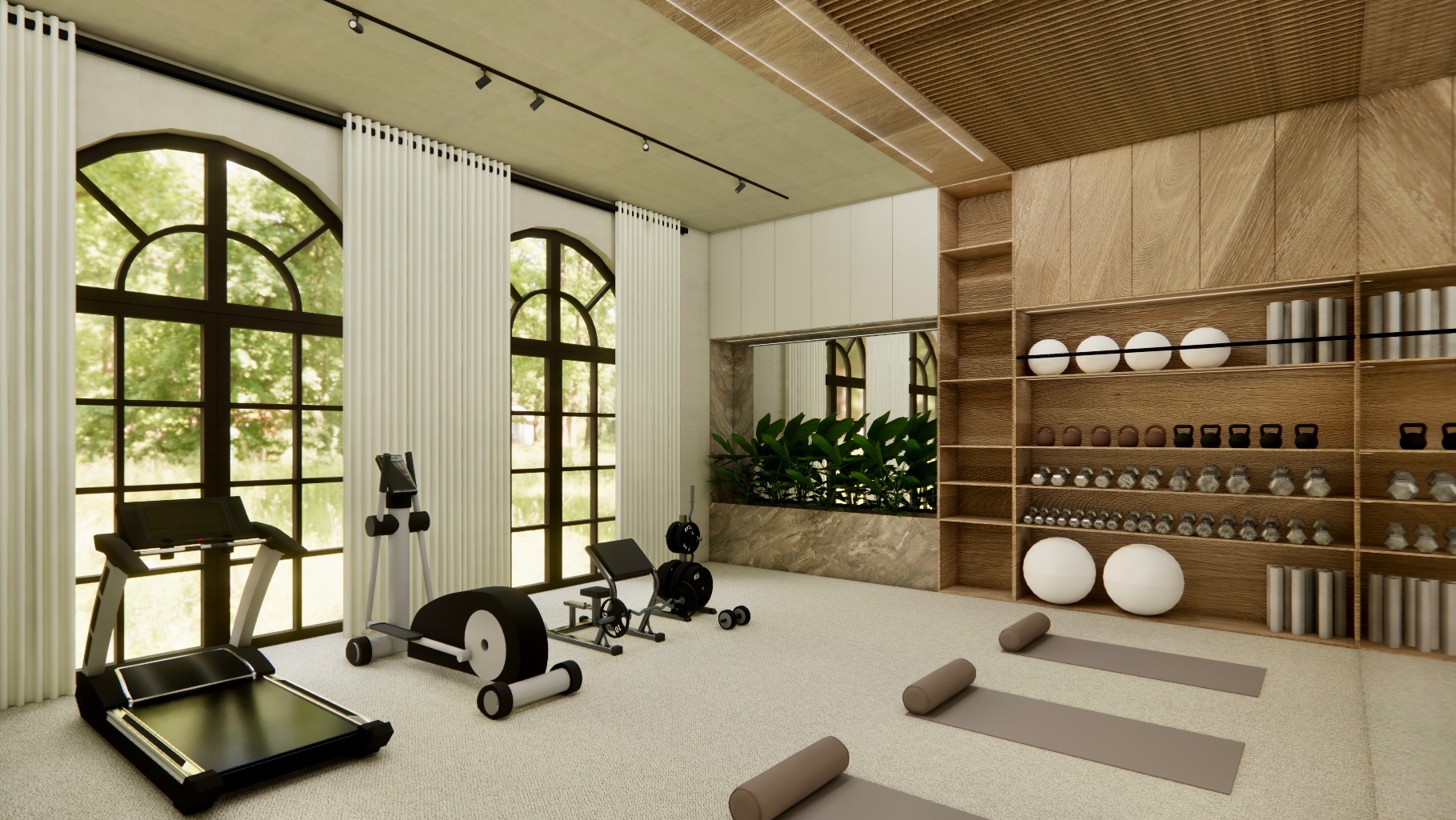 Wizualizacja domowej siłowni z bieżnią, atlasem, hantlami i matami do ćwiczeń. Duże okna z widokiem na zieleń, drewniane wykończenia i oświetlenie punktowe.