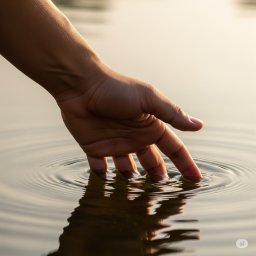 BLASK NATURY GRZEGORZ JASIAK - Dłoń zanurzona w wodzie tworzy kręgi na spokojnej powierzchni. Ciepłe światło podkreśla fakturę skóry i delikatność ruchu.