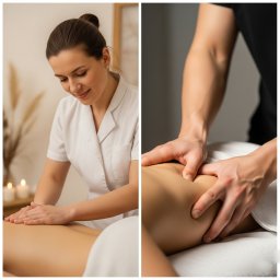 BLASK NATURY GRZEGORZ JASIAK - Dwuczęściowe ujęcie: masażystka w białym uniformie wykonuje masaż pleców, a masażysta uciska udo klienta. Subtelne światło świec w tle.