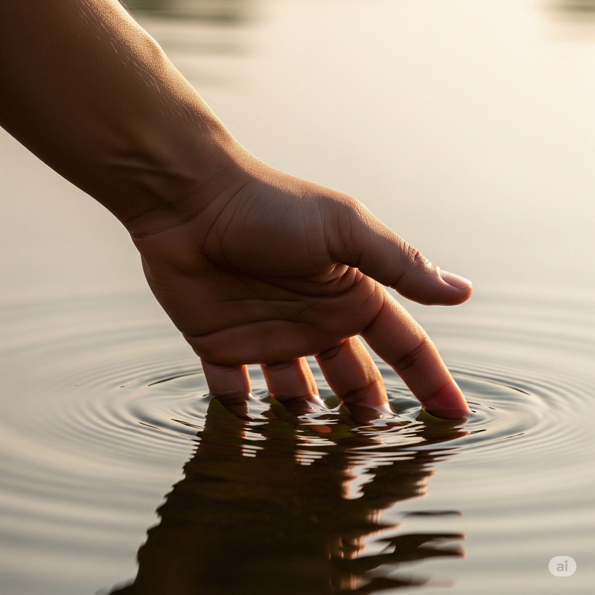 Dłoń zanurzona w wodzie tworzy kręgi na spokojnej powierzchni. Ciepłe światło podkreśla fakturę skóry i delikatność ruchu.